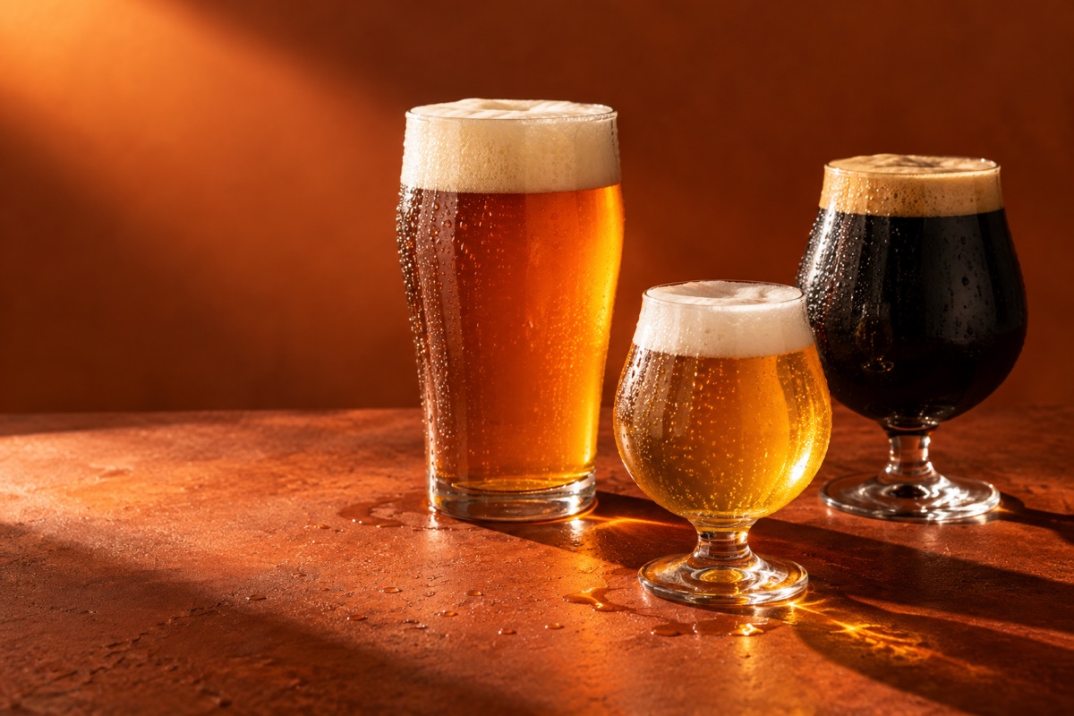 Editorial concept image of amber, golden, and stout beers on a warm orange tabletop