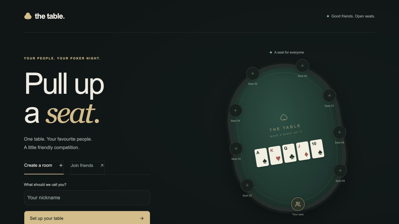 The Table live website with its private poker table and create-a-room interface